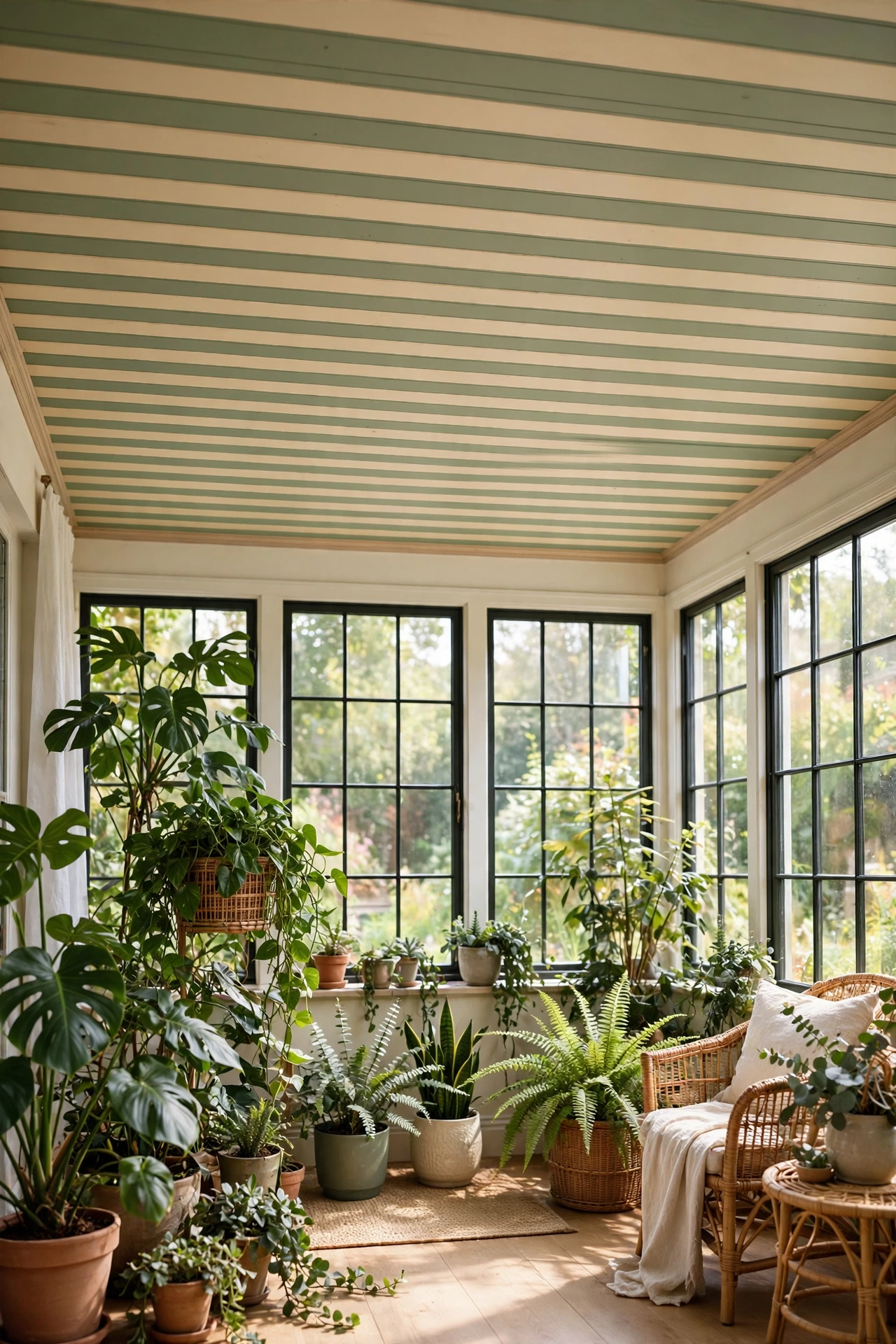 Sage green and cream stripes give a sunroom ceiling a garden-like feel.