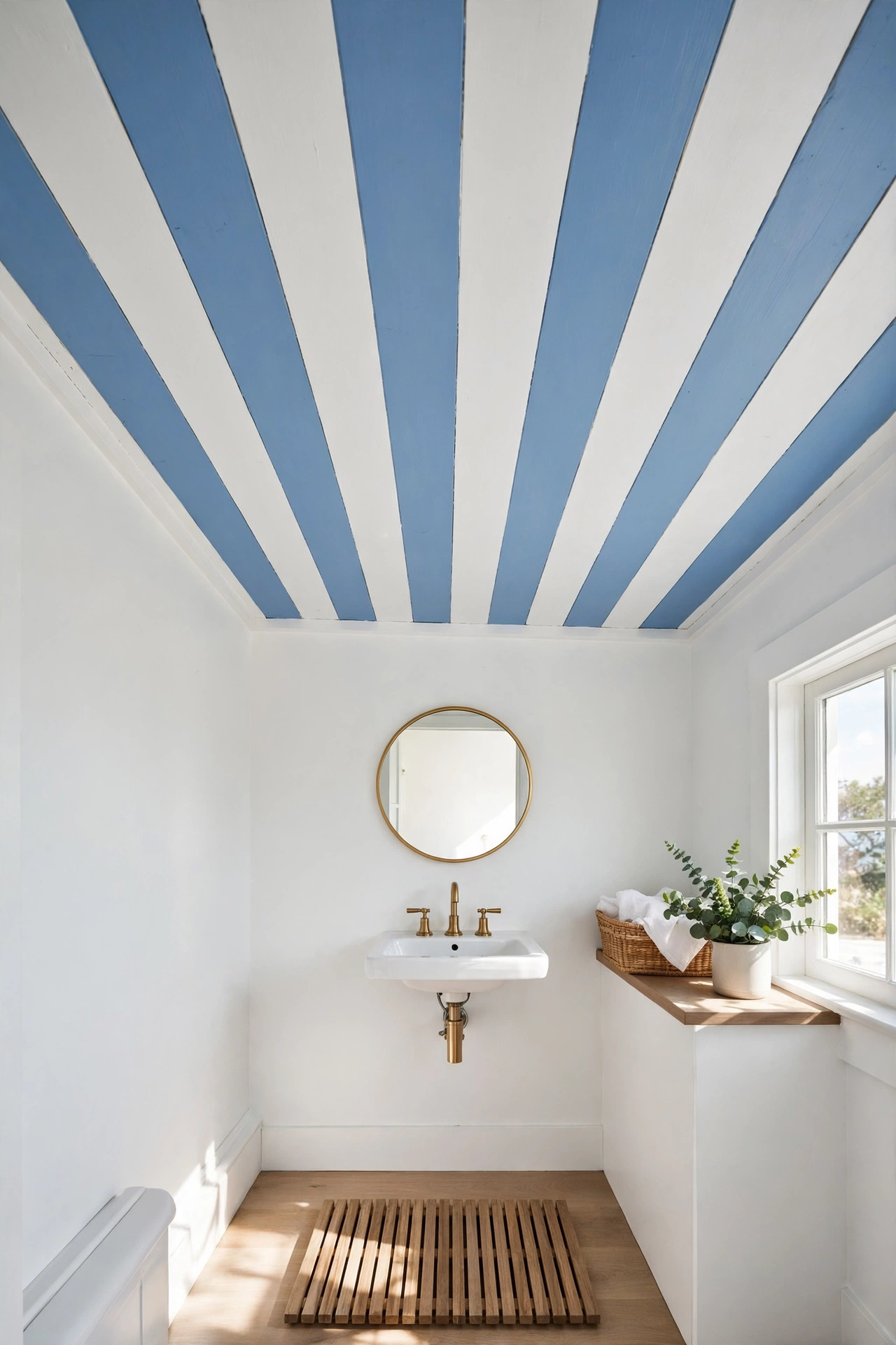 Cornflower blue and white nautical stripes on a bathroom ceiling.