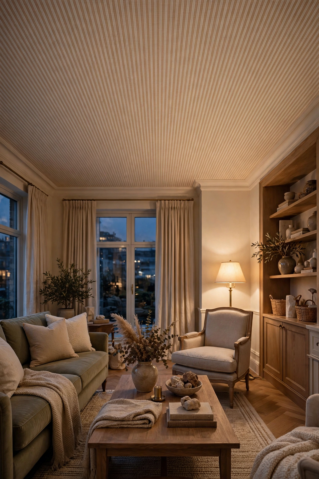 Subtle striped wallpaper gives a tailored ceiling finish with no paint.