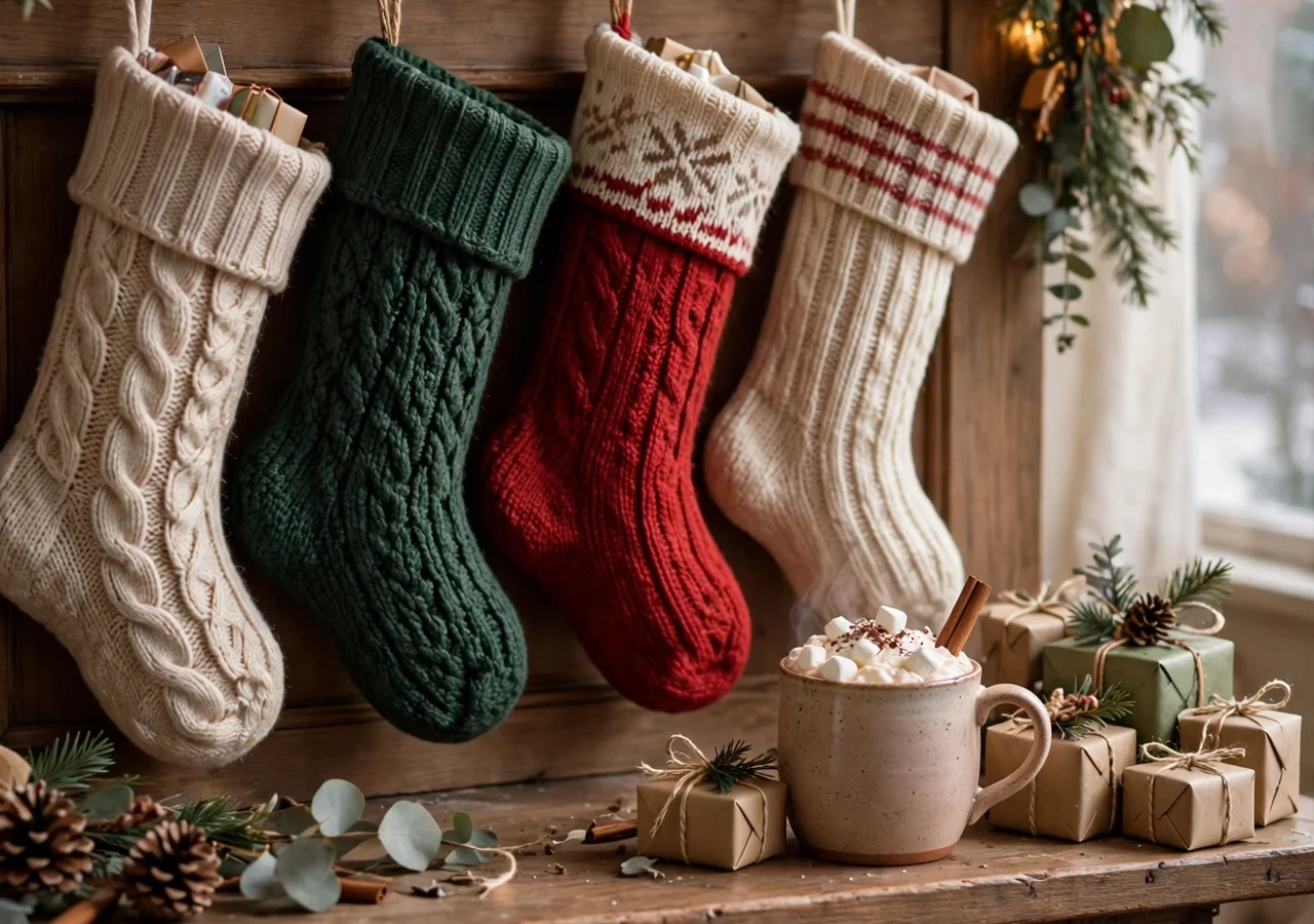 A cosy Christmas mantel with filled knitted stockings, small wrapped gifts and a mug of hot chocolate