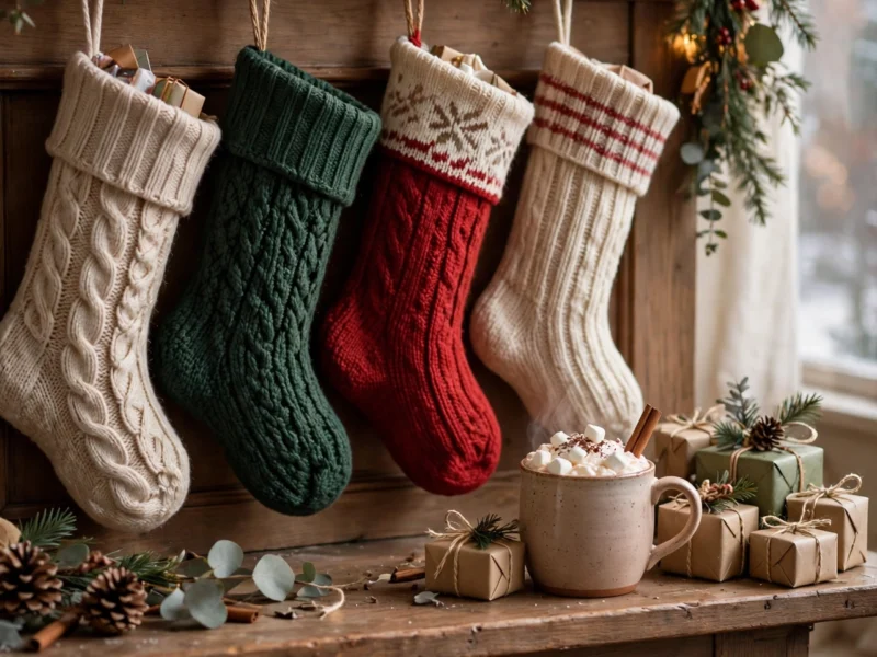 A cosy Christmas mantel with filled knitted stockings, small wrapped gifts and a mug of hot chocolate