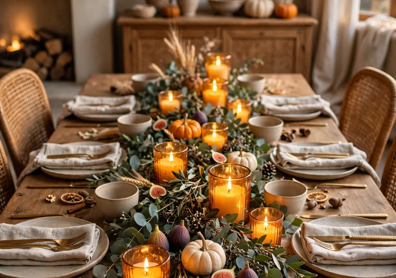 A cosy, crowded Thanksgiving table styled with eucalyptus, amber glass and linen.