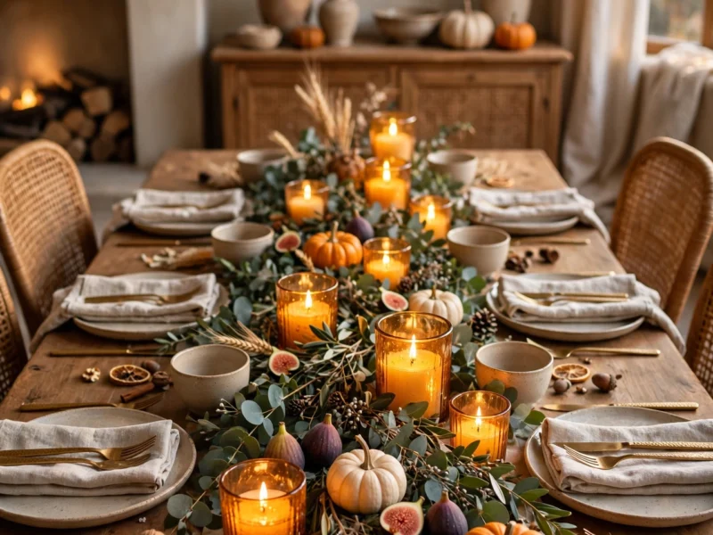 A cosy, crowded Thanksgiving table styled with eucalyptus, amber glass and linen.