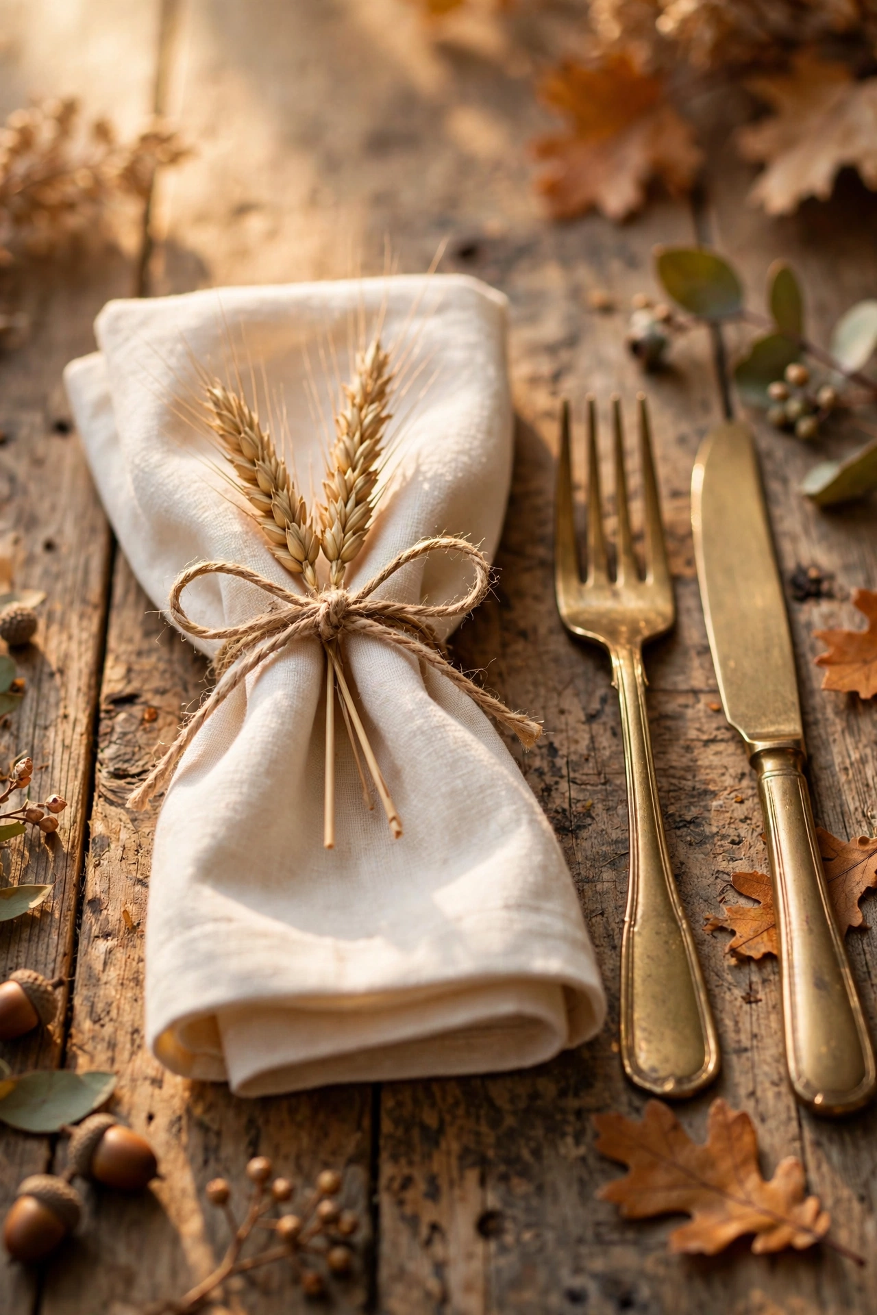 Linen Napkins Tied with Dried Wheat